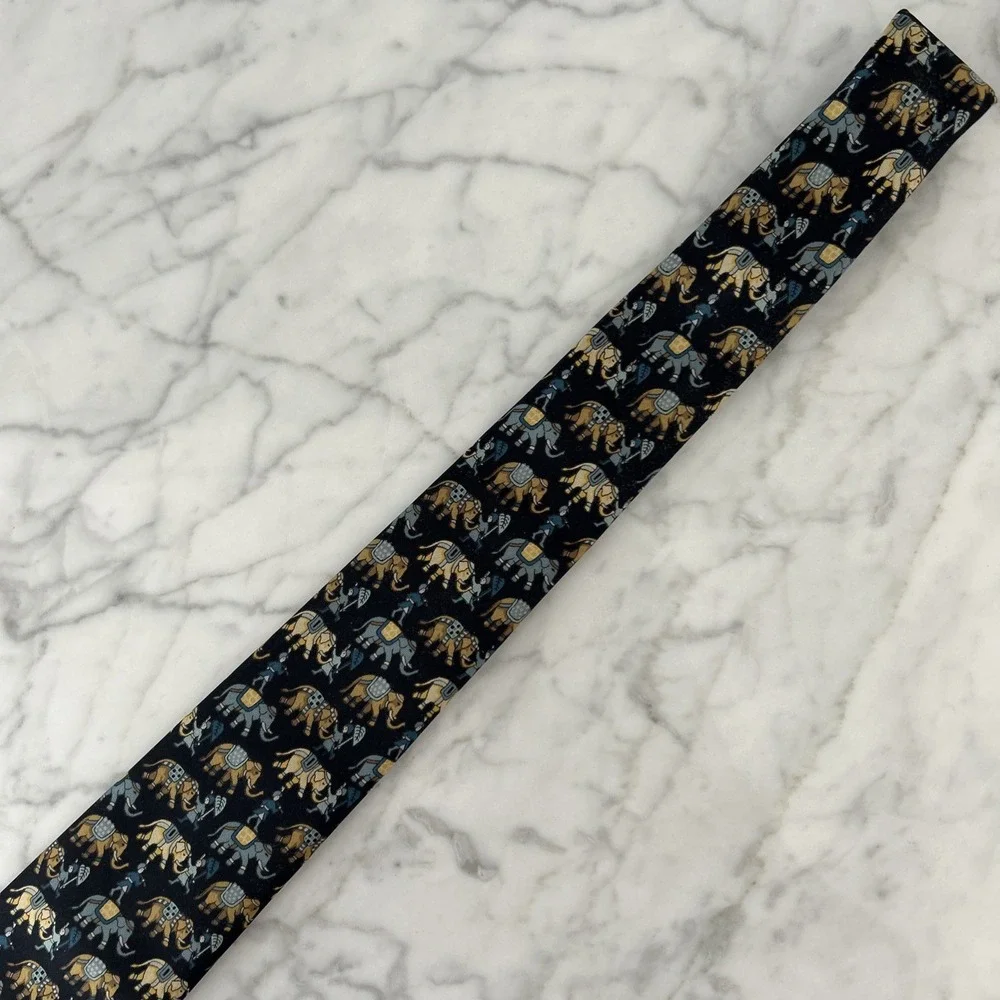 Jim Thompson 100% Silk Tie Whimsical Elephants Animal Print Blue & Tan